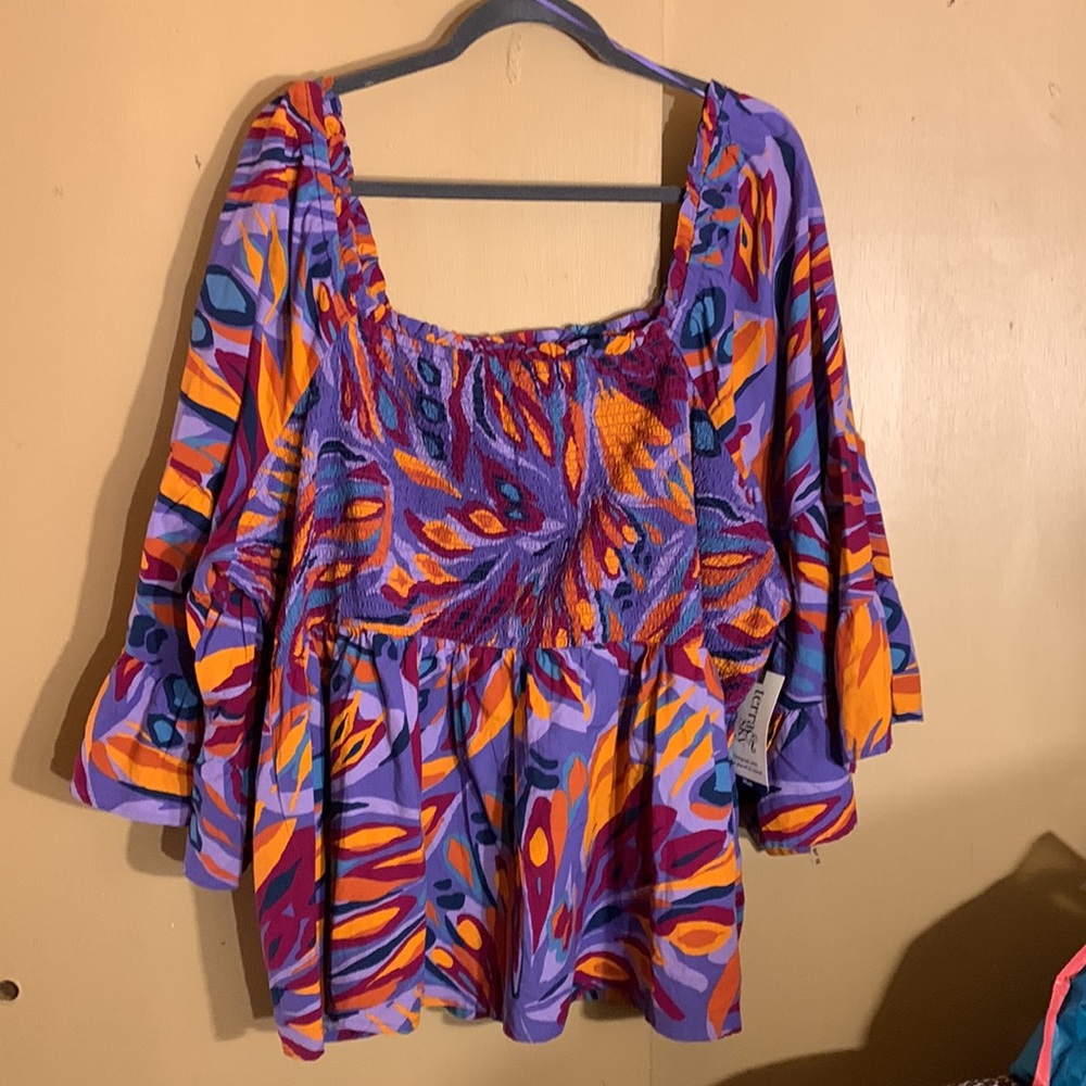 🧋 TERRA & SKY Abstract Butterfly Island Purple Print Smock Top NWT 4X - Picture 8 of 15